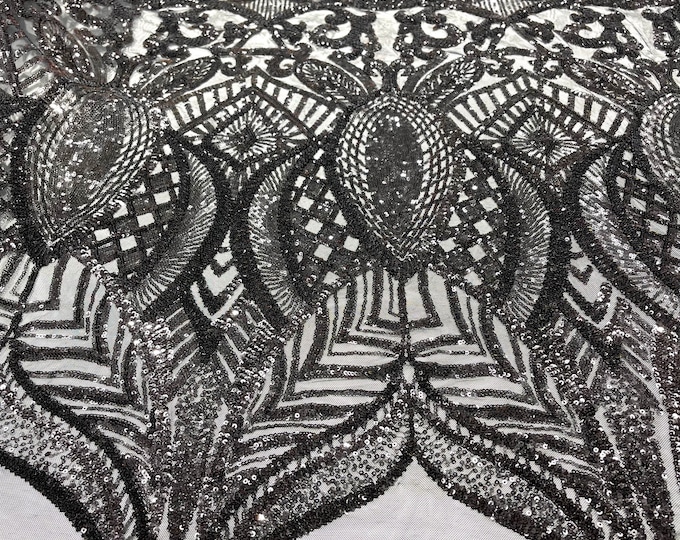 Black royalty sequin design on a black 4 way stretch mesh-prom-sold by the yard.