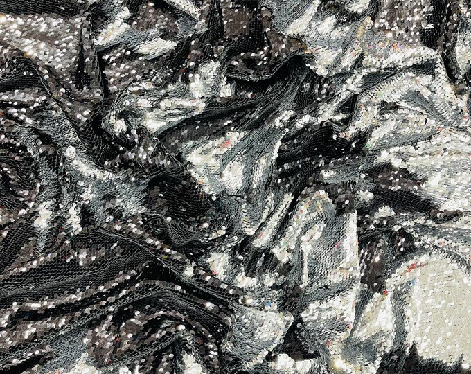Black Silver Reversible Color Changing Sequin Fabric| 54" Wide| Stretch Polyester Spandex.