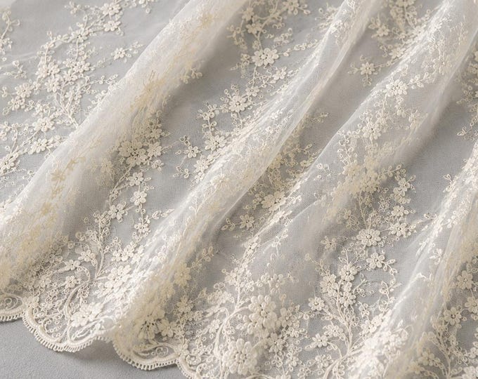 White Floral Embroidered Lace Fabric By The Yard, Beaded Sequin Mesh Lace For Bridal Gowns, Wedding Dresses & Couture Sewing