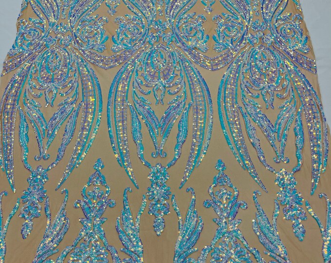 Aqua Iridescent shiny sequin damask design on a Nude 4 way stretch mesh-sold by the yard.