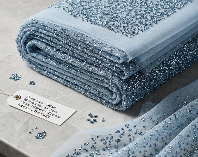 Baby Blue Rhinestone Mesh Fabric | Sheer Sparkle Power Mesh with Crystals | Bridal, Dress, Dancewear & Decor Fabric