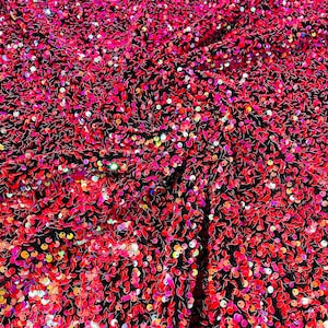 Fuchsia/Gold Iridescent On black stretch velvet with luxury sequins all over 5mm shining sequins 2-way stretch, sold by the yard.