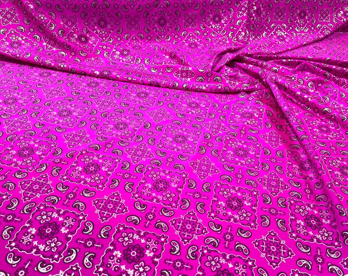 Fuchsia metallic bandanna print on a stretch tricot spandex fabric- Sold by the yard.