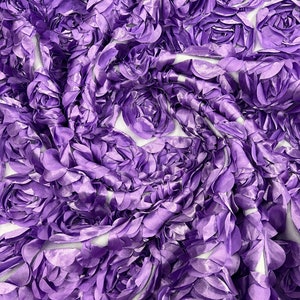 Lavender 3D Rosette Embroidery Satin Rose Flowers  Floral Mesh Fabric by the yard