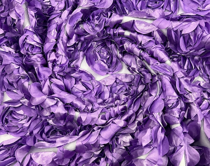 Lavender 3D Rosette Embroidery Satin Rose Flowers  Floral Mesh Fabric by the yard