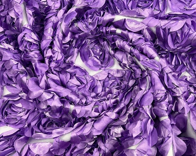 Lavender 3D Rosette Embroidery Satin Rose Flowers  Floral Mesh Fabric by the yard