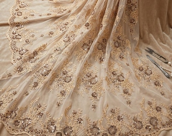 Gorgeous Champagne Beaded French Lace Fabric By The Yard, Embroidered Bridal Mesh Lace For Wedding Dresses, Prom Gowns & Couture Apparel