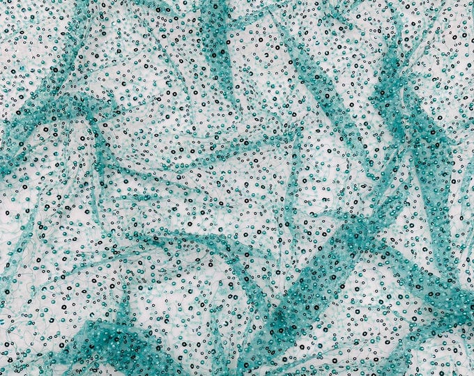 Teal All Over Luxury Beaded Mesh with Pearls, Sequins for Wedding Dresses, Prom Gowns