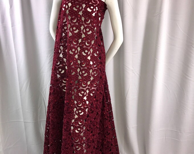 Burgandy flowers embroider and hand beaded organza lace.36x50inches-prom-nightgown-decorations-dresses-fashion-Sold by the yard.