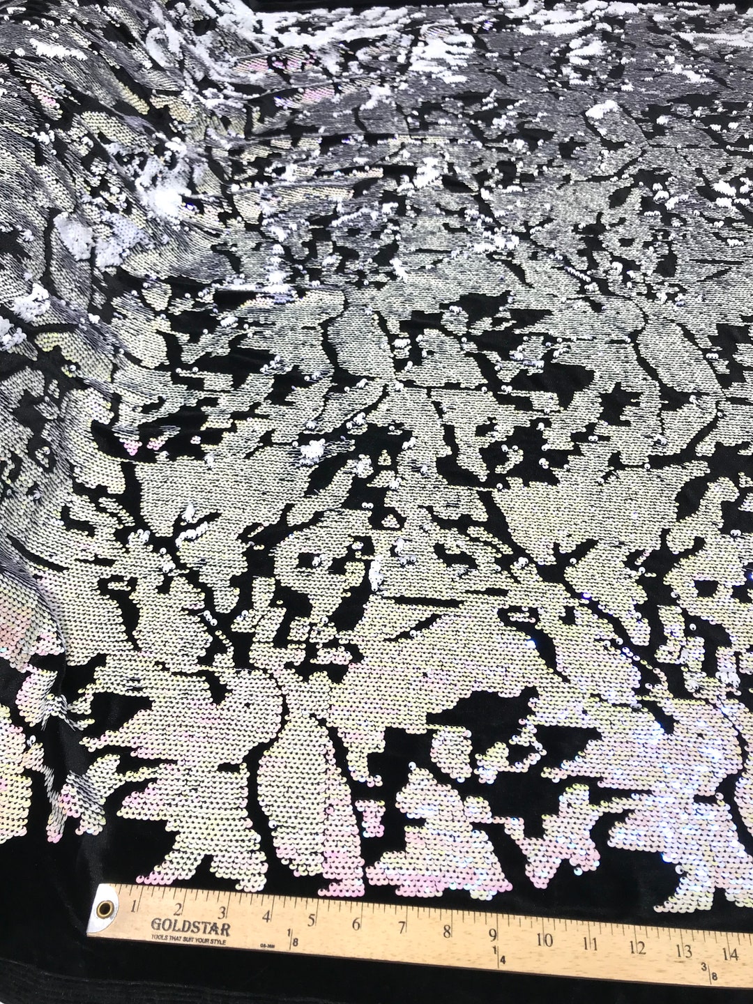Sequins Flip Two Tone Camouflage Design on a Black Stretch Velvet, Sold by the Yard. Rainbow/Royal