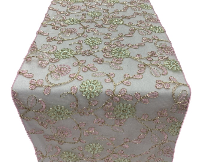 12" Wide x 90" Long Metallic Embroidery Lace Table Runner Wedding Decoration (Pink on Mint Green Mesh)