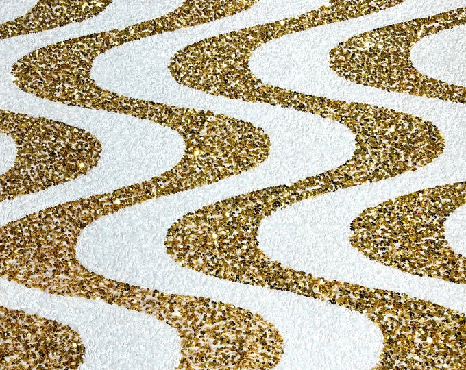 White\Gold sequin Wave Design On White stretch velvet all over 5mm shining sequins 2-way stretch, sold by the yard.