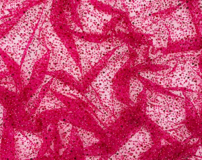 Fuchsia All Over Luxury Beaded Mesh with Pearls, Sequins for Wedding Dresses, Prom Gowns