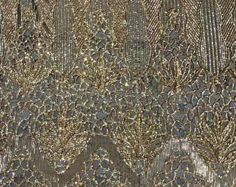 Gold shiny floral damask sequin design on a Black 4 way stretch mesh-prom-sold by the yard.