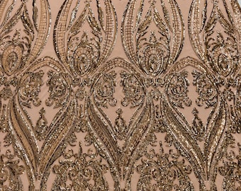 Skin empire damask design with sequins embroider on a Nude 4 way stretch mesh fabric-sold by the yard.