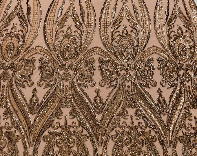 Skin empire damask design with sequins embroider on a Nude 4 way stretch mesh fabric-sold by the yard.