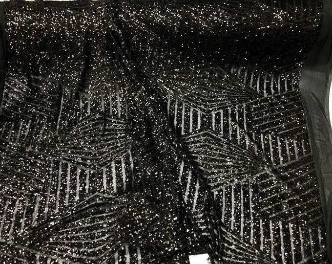 Black shiny sequin geometric design embroider on a 4 way Stretch power mesh-dresses-fashion-apperal-prom-nightgown-sold by the yard...