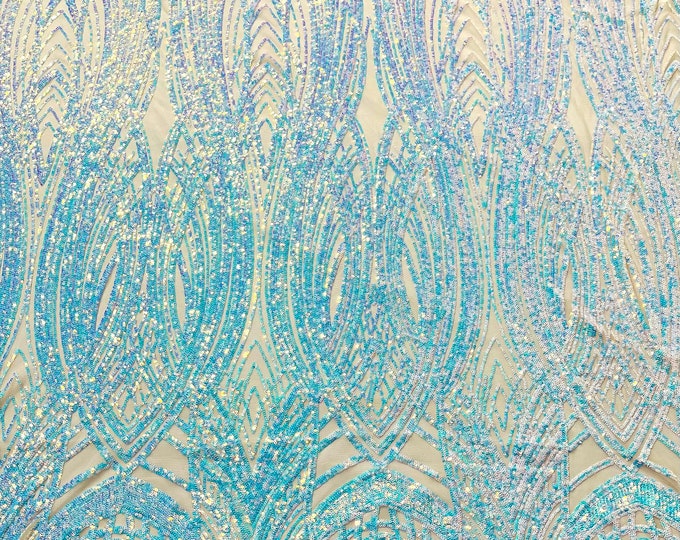 Aqua blue iridescent Feather damask sequin design on a Nude 4 way stretch mesh Fabric-prom-sold by the yard.