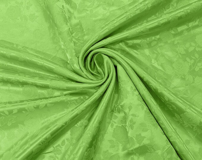 Lime Green 60" Wide Polyester Roses/Flowers Brocade Jacquard Satin Fabric/Cosplay Costumes, Skirts, Table Linen/Sold By The Yard.