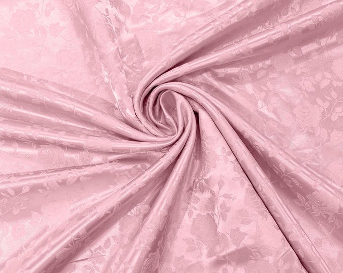 Pink 58" Wide Polyester Flower Brocade Jacquard Satin Fabric, Wedding, Dressmaking