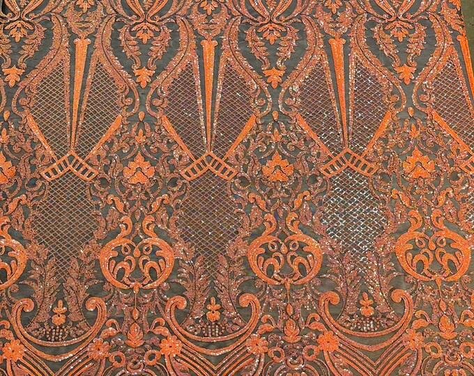 Neon Orange Iridescent shiny sequin damask design on a Black 4 way stretch mesh-sold by the yard.