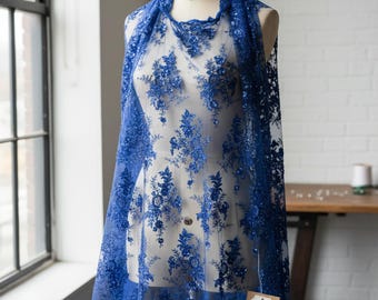Taurus French Design Beaded Lace Fabric, Royal Blue Embroidered Mesh for Dresses and Nightgowns