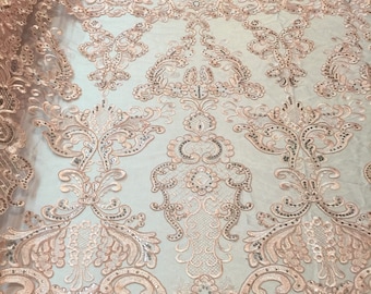 Pink damask pattern Embroidery with shiny sequins and Corded on a mesh lace-nightgown-apparel-fashion-decorations-dresses-sold by the yard.