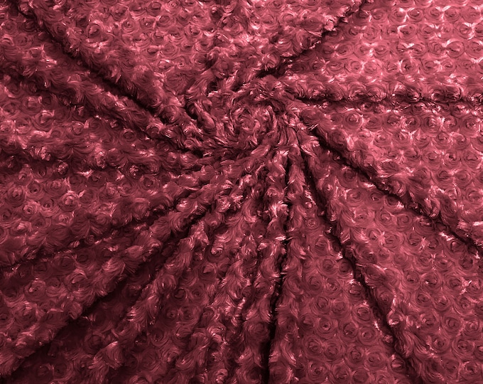 Burgundy  58" Wide Minky Swirl Rose Blossom Ball Rosebud Plush Fur Fabric Polyester