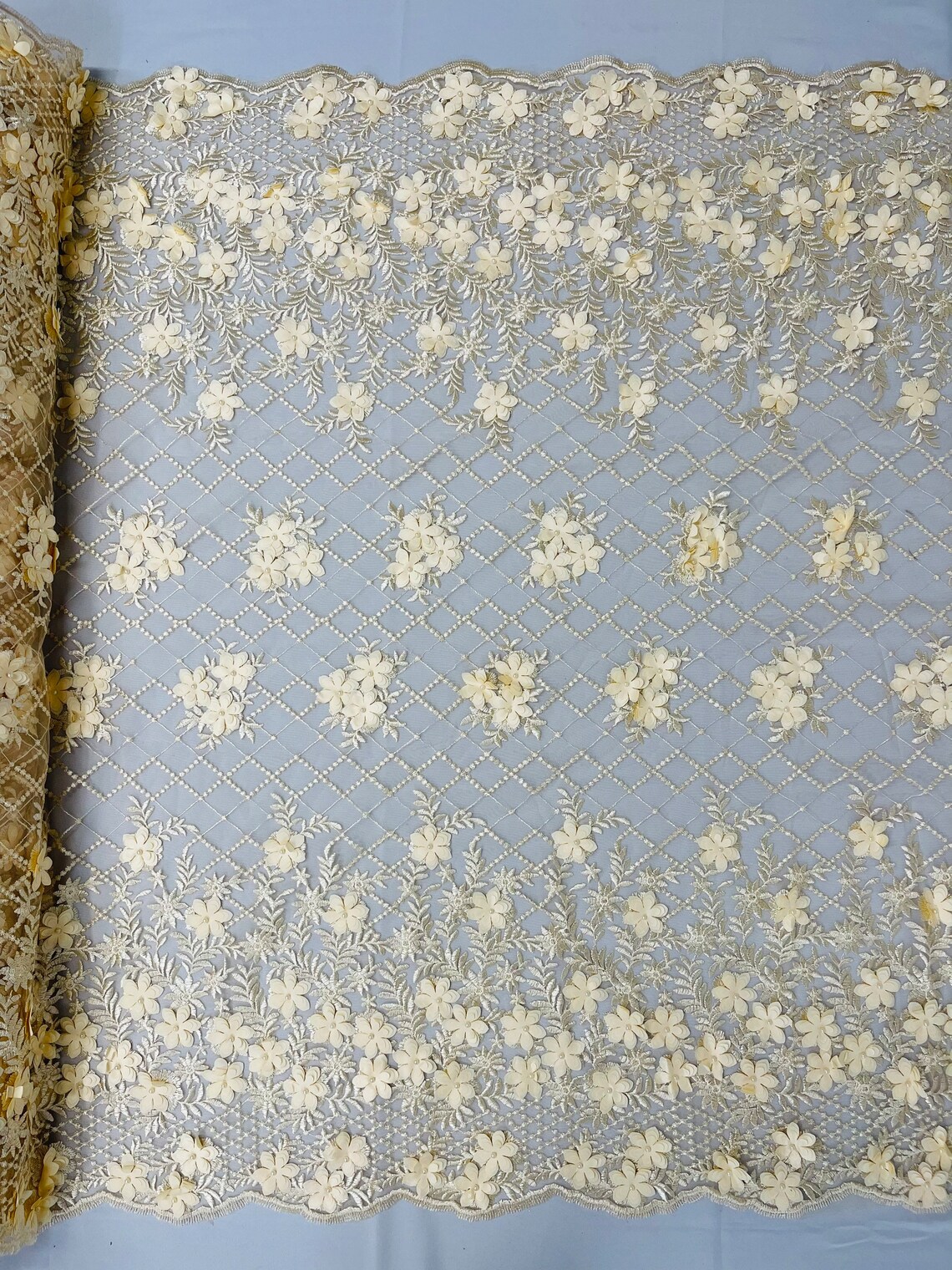 Champagne 3d floral design embroider with beads and pearls on a mesh lace-prom-nightgown-sold by yard. main image 1