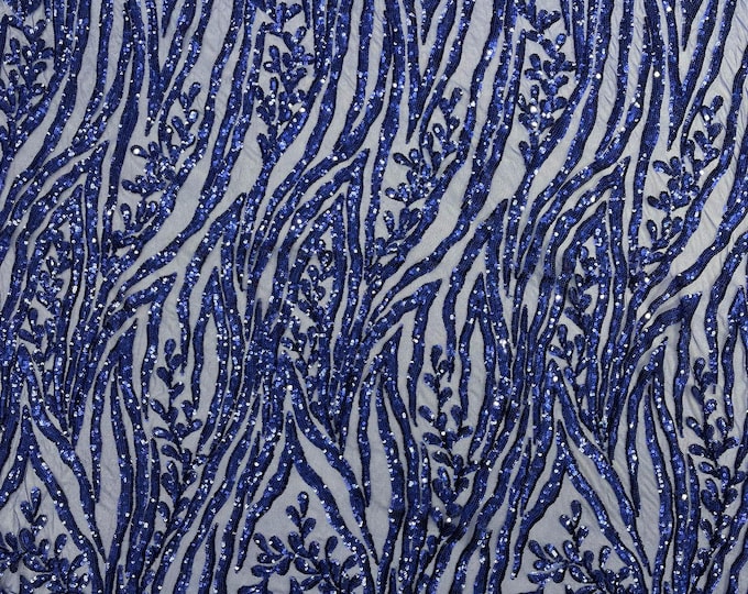 Dark Royal Blue - Vine/Root Sequin 4 Way Stretch Mesh Fabric, by The Yard.