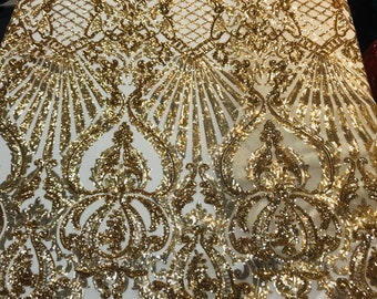 Gold shiny sequin damask design on a 4 way stretch mesh-prom-nightgown-sold by the yard-free shipping in the usa-