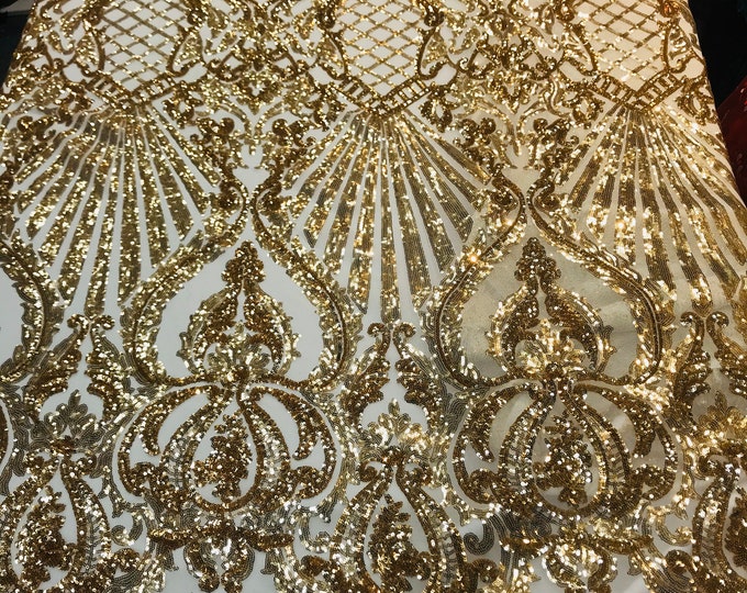 Gold shiny sequin damask design on a 4 way stretch mesh-prom-nightgown-sold by the yard-free shipping in the usa-