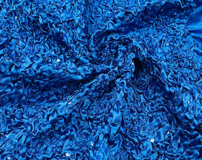 Royal Blue Pleated Stretch Satin Ruffle lace Trim With Hologram Sequin/24" Wide/Sold By The Yard.