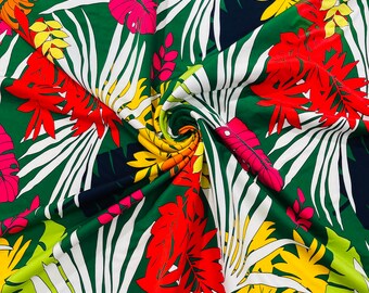Red/Yellow/Orange Multi Color ITY Spandex Hawaiian Print Fabric Tropical Leave On A Green/58" Wide.