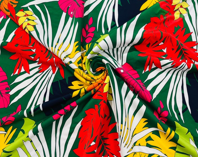 Red/Yellow/Orange Multi Color ITY Spandex Hawaiian Print Fabric Tropical Leave On A Green/58" Wide.