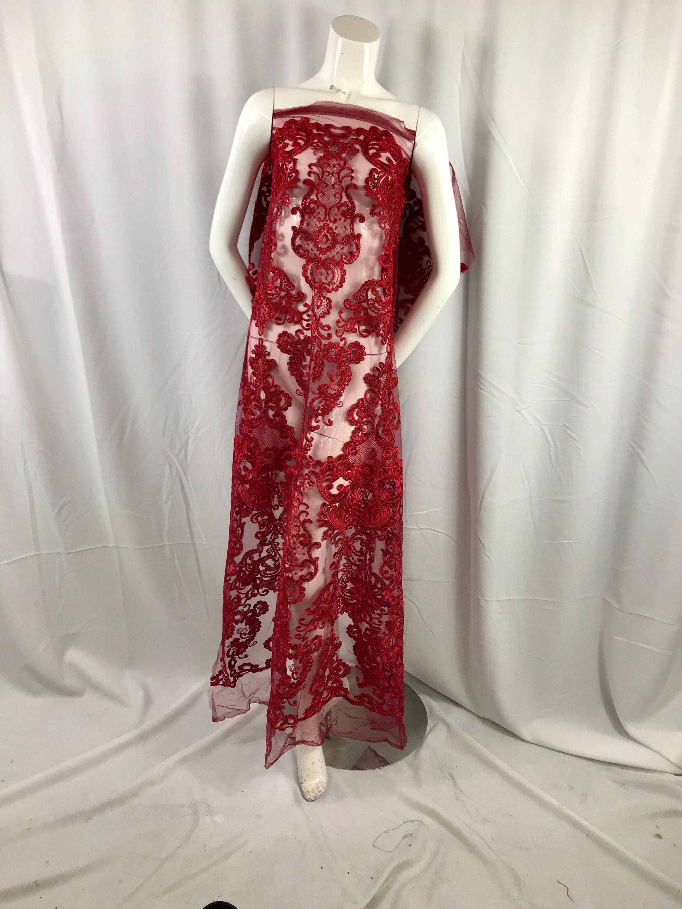 Dark Red damask pattern Embroidery with shiny sequins and Corded on a