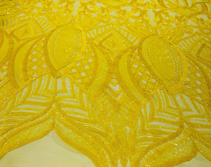 Bright yellow royalty sequin design on a yellow 4 way stretch mesh-prom-sold by the yard.