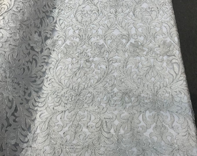 Silver damask design embroidery with metallic cord on a mesh lace-dresses-fashion-apparel-prom-nightgown-sold by the yard.