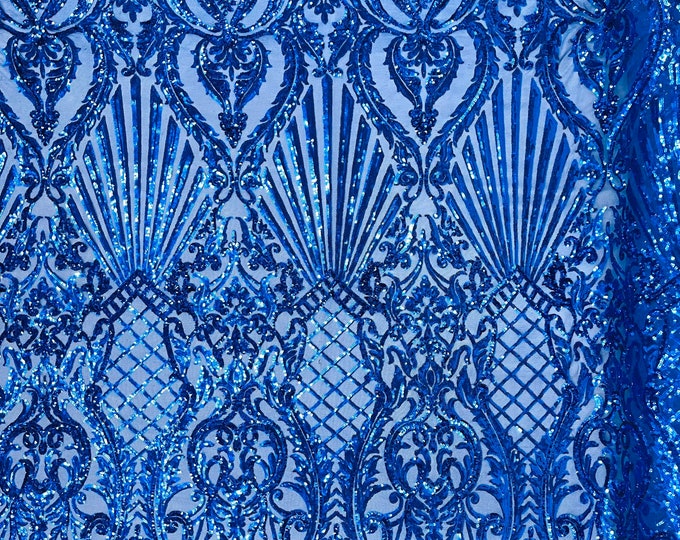 Royal blue shiny sequin shell damask design on a 4 way stretch mesh fabric -prom-sold by the yard.