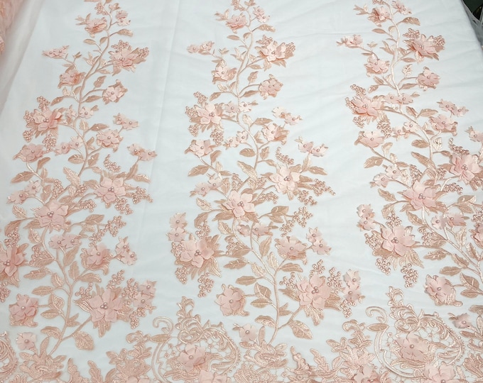 Blush Pink Emily 3d floral design embroider with pearls in a mesh lace-sold by the yard.