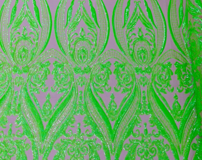 Neon Green iridescent empire damask design with clear sequins embroider on a Nude 4 way stretch mesh fabric-sold by the yard.
