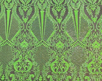 Neon Green Iridescent shiny sequin damask design on a Black 4 way stretch mesh-sold by the yard.
