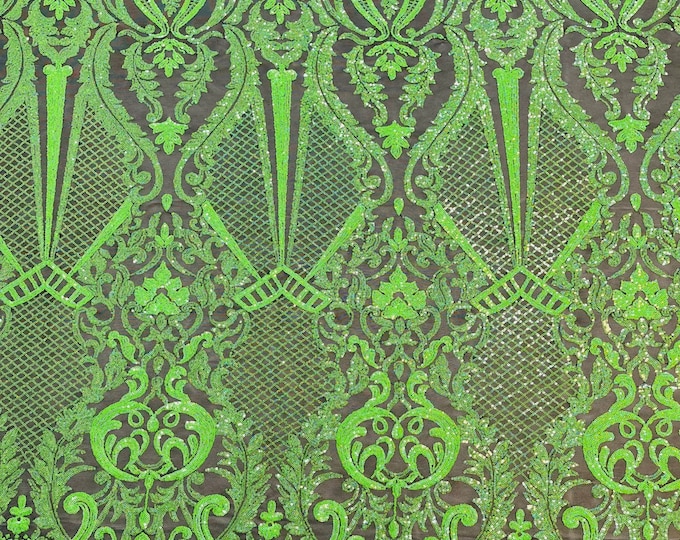 Neon Green Iridescent shiny sequin damask design on a Black 4 way stretch mesh-sold by the yard.