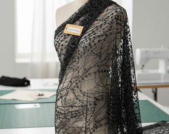 Glitter Lace Fabric with Black Galaxy Design on Mesh, for Dresses and Decorations
