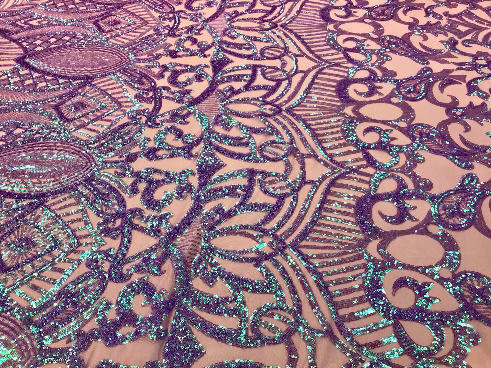 Iridescent Royalty Design On A 4 Way Stretch Mesh/Prom Fabric (1 Yard, Lilac Iridescent on Lilac Mesh)