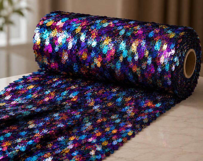 Multi Color Iridescent Teardrop Sequin Mesh Fabric By The Yard, Mermaid Sequin Fabric, Prom Dress Fabric