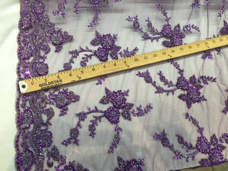 Purple flower french design-embroider and deaded on a mesh lace fabric-wedding-bridal-prom-nightgown-sold by the yard-