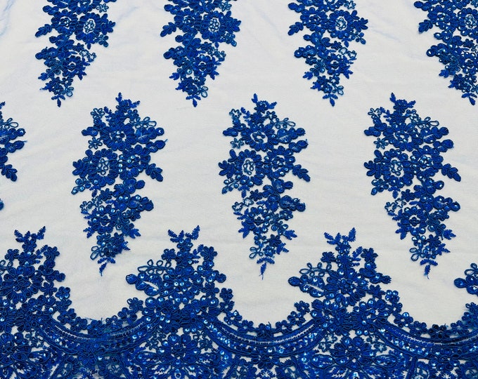 Royal blue corded embroider with sequins on a mesh lace fabric-prom-sold by the yard.