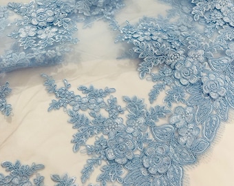 Baby Blue corded lace 3d floral embroider sold by the yard.