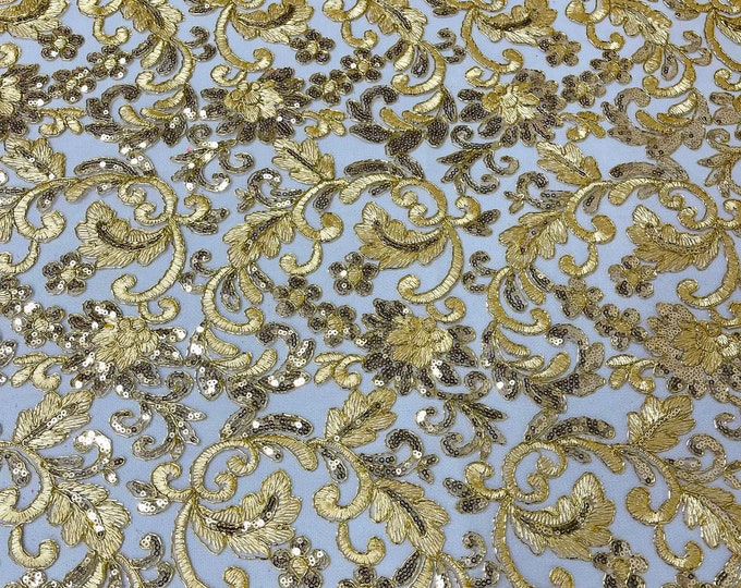 Gold metallic corded embroider flowers with sequins on a mesh lace fabric-prom-sold by the yard.